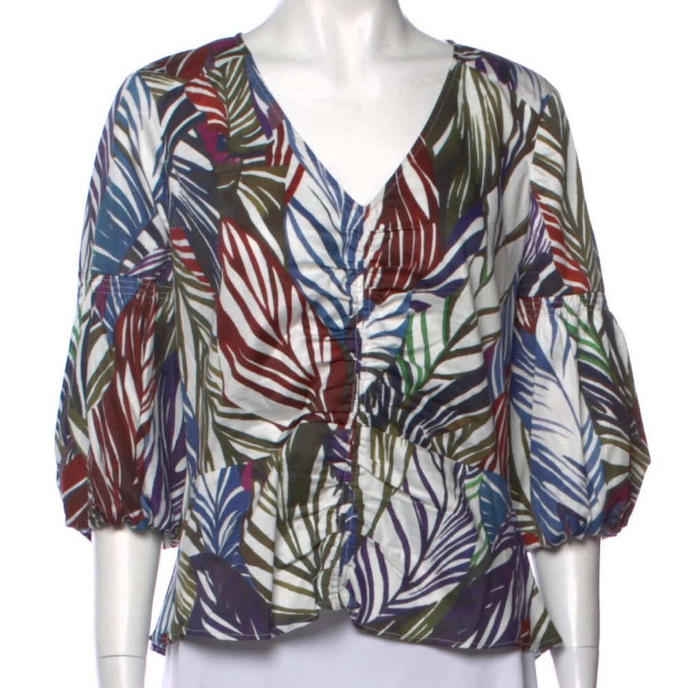 PARKER Short Sleeve V-neck Top, 3/4 Balloon Sleeve, Cotton, Printed Top, Large